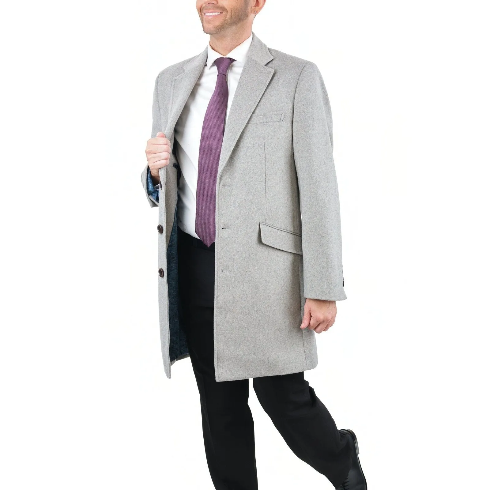 Men's Wool Cashmere Single Breasted Light Gray 3/4 Length Car Coat Top Coat