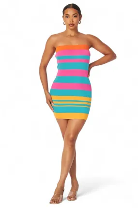 Multi Color Strapless Striped Knit Mini Dress
