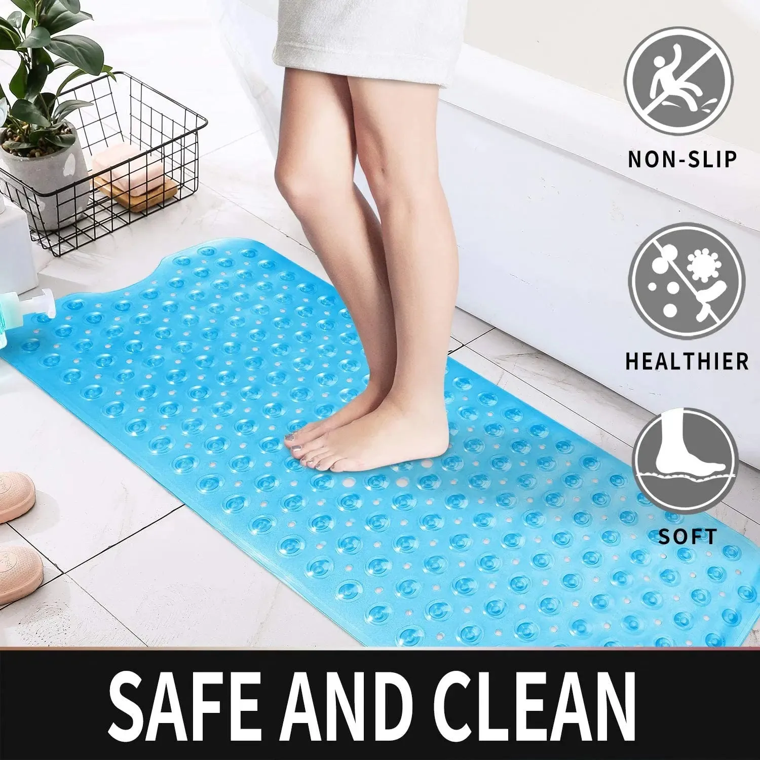 Non-Slip Eco Friendly Bath Mat- 100 *40 cm - Transparent Blue ( Soft pebble ),non-slip bath mat