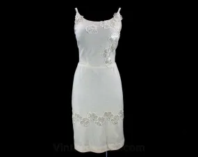 Size 10 White Dress - Glam 50s Vanilla Jersey Knit - Sequin Flowers - Curvy 1950s Bombshell Style Strappy Cocktail Dress - Bust 36 - 42294