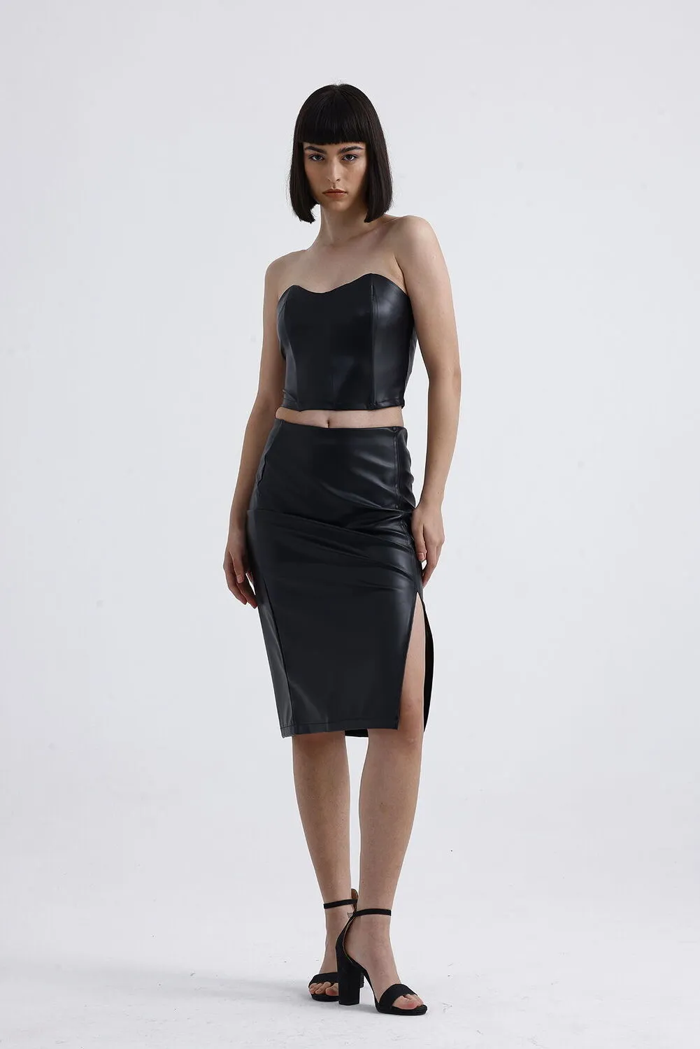 SNS Sense Black Elastic Waist Faux Leather Pencil Skirt - Bridgwater
