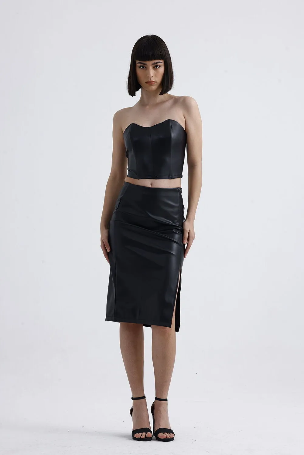 SNS Sense Black Elastic Waist Faux Leather Pencil Skirt - Bridgwater