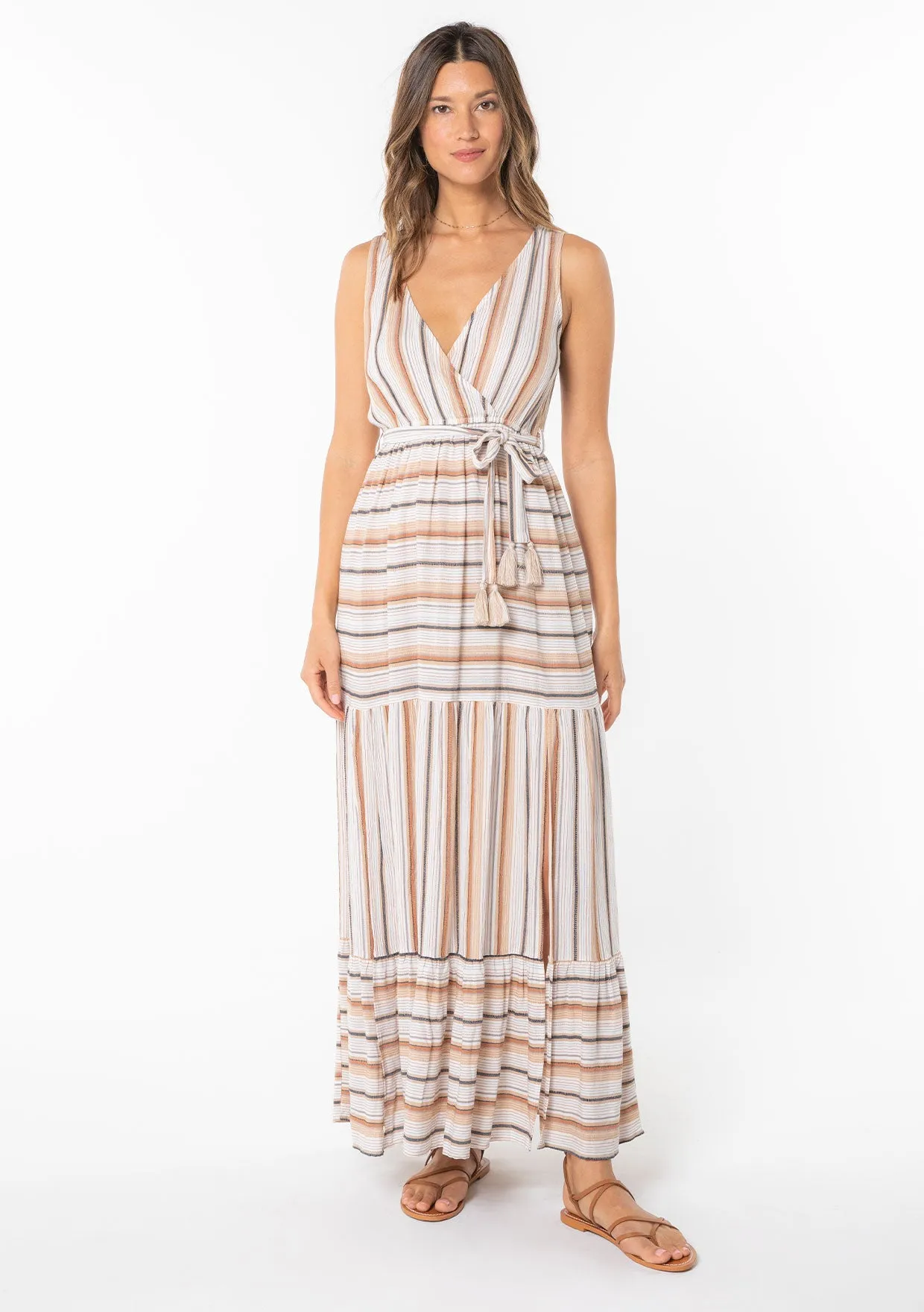 Striped Surplice Tiered Maxi Dress