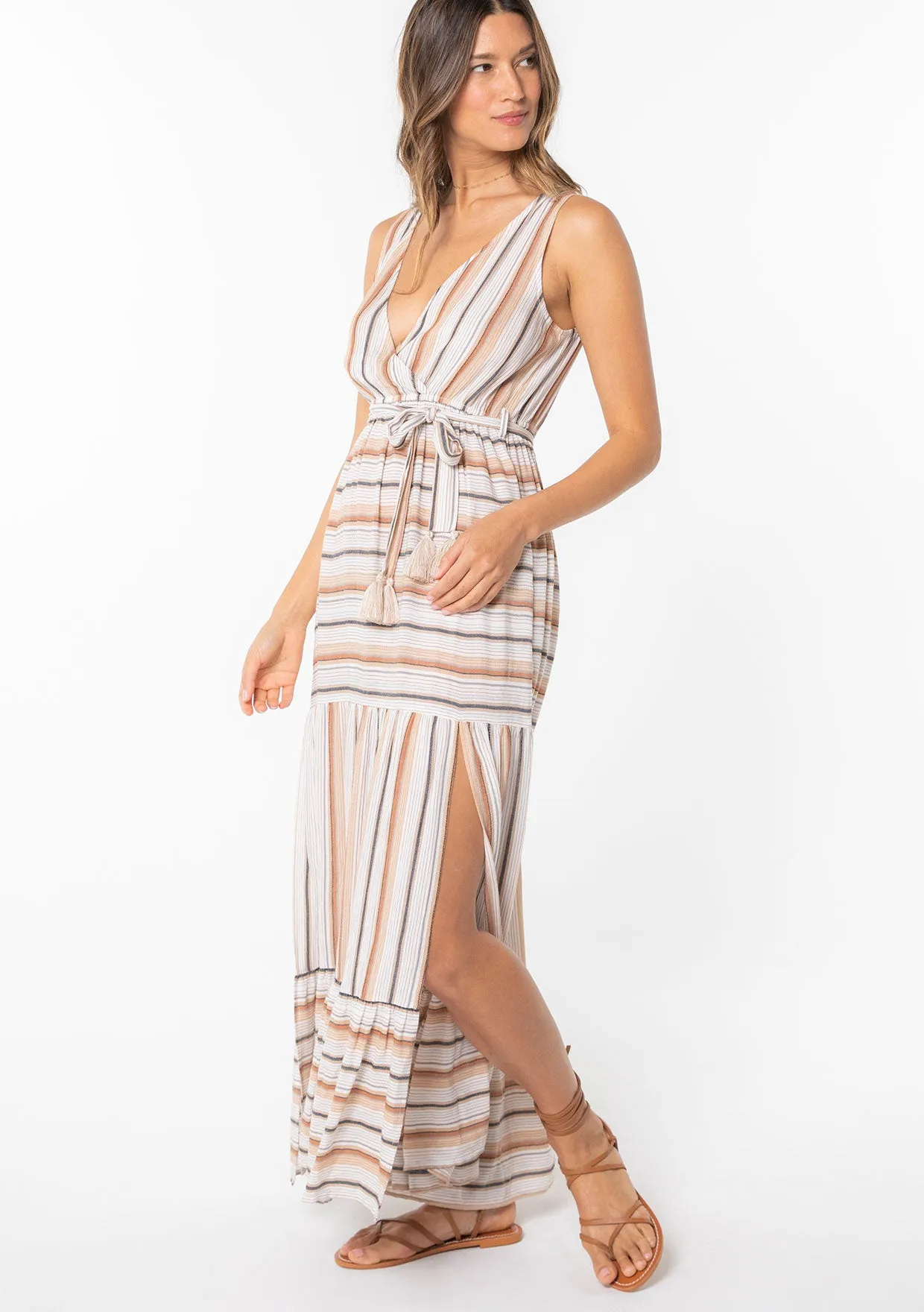 Striped Surplice Tiered Maxi Dress