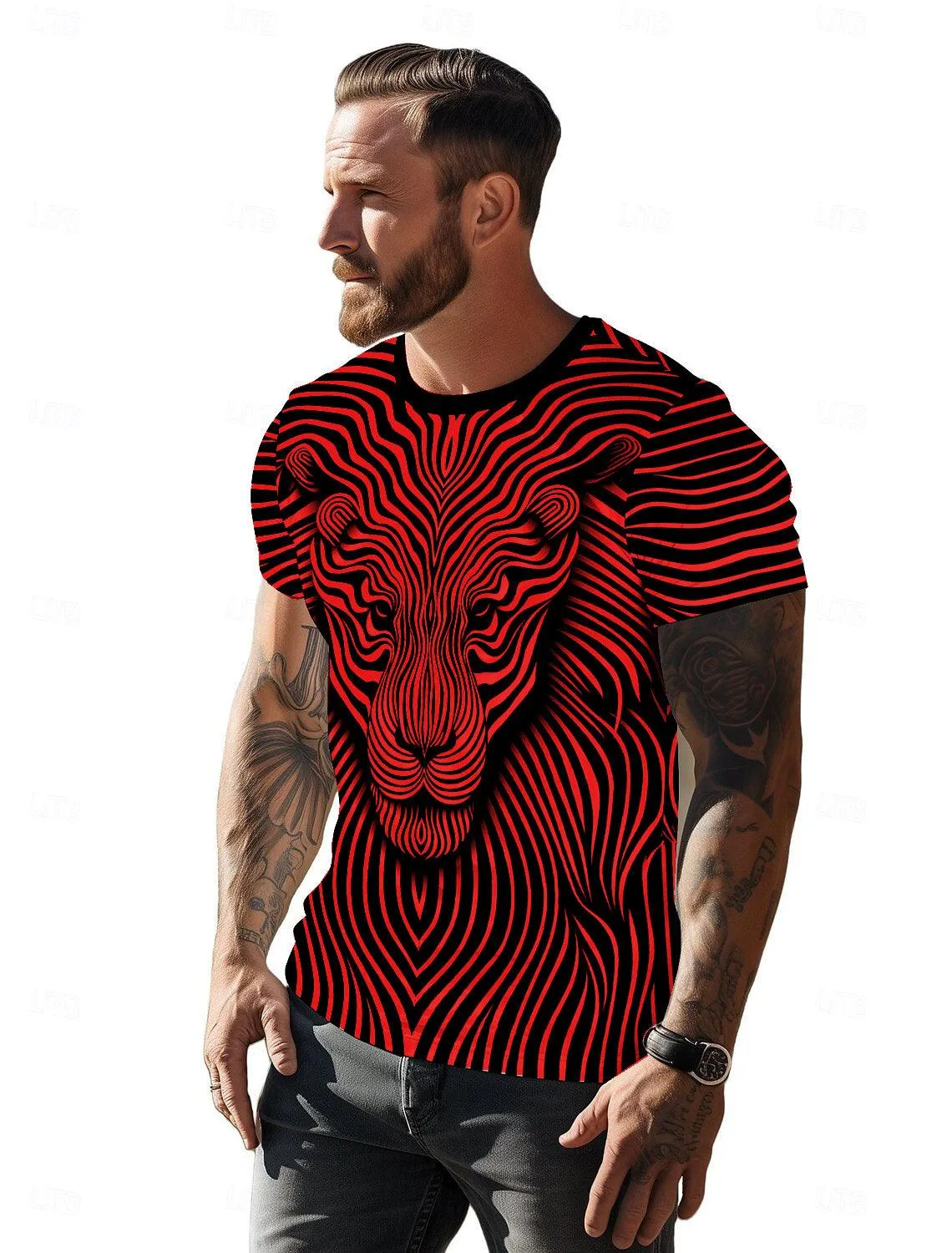 UD FABRIC Vintage Animal T Shirt for Men /Summer Short Sleeve Holiday T-Shirts Loose Clothing O-Neck Pullover/Lion Printed Attractive T Shirt (IN, Alpha, 2XL, Regular, Maroon)