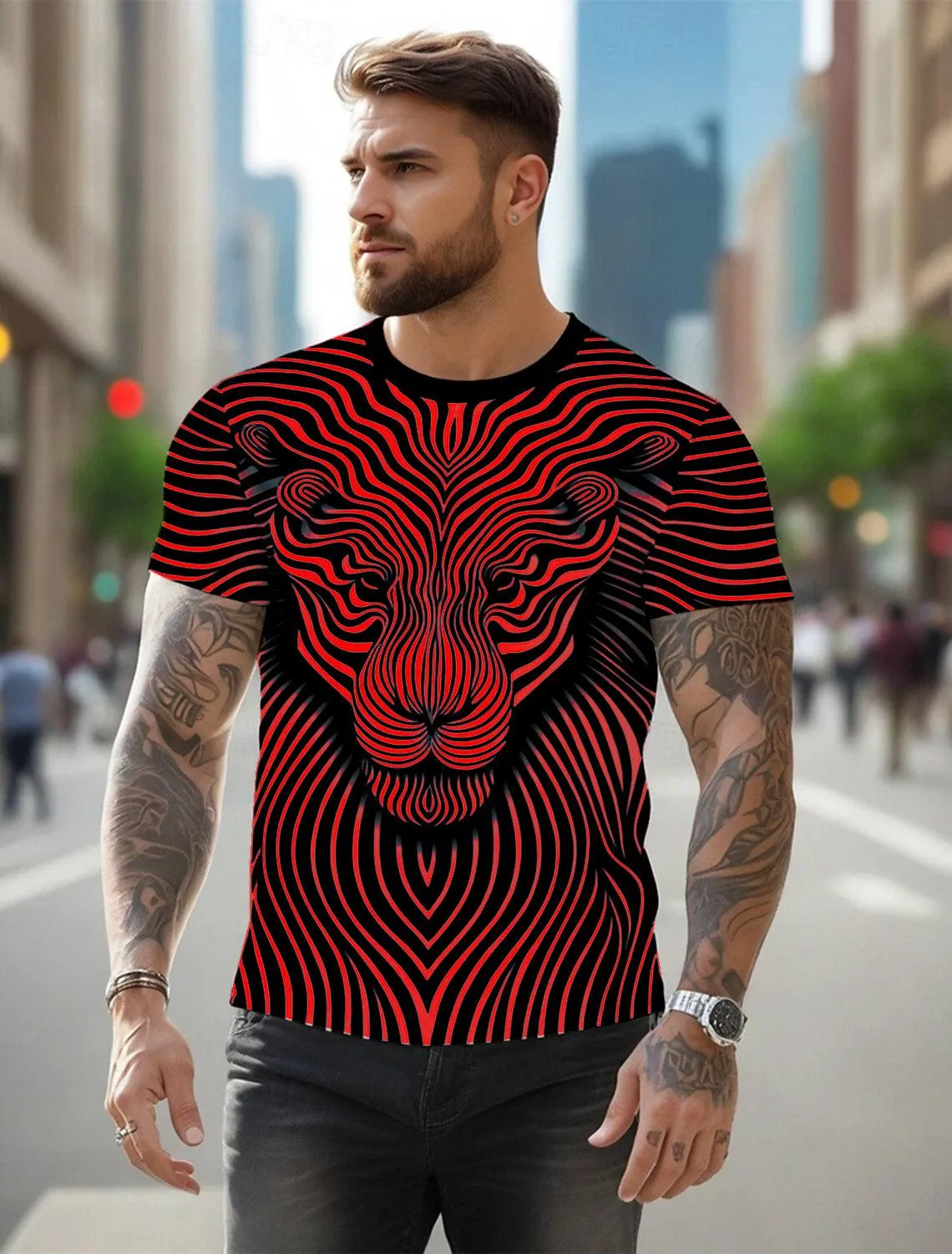 UD FABRIC Vintage Animal T Shirt for Men /Summer Short Sleeve Holiday T-Shirts Loose Clothing O-Neck Pullover/Lion Printed Attractive T Shirt (IN, Alpha, 2XL, Regular, Maroon)