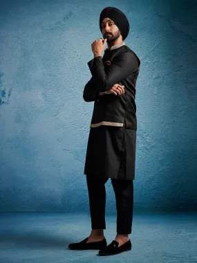 VASTRAMAY Men's Black Jute Nehru Jacket