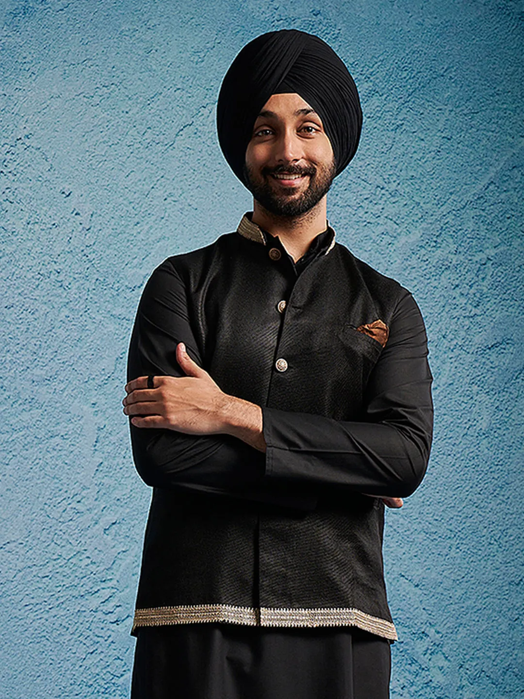VASTRAMAY Men's Black Jute Nehru Jacket