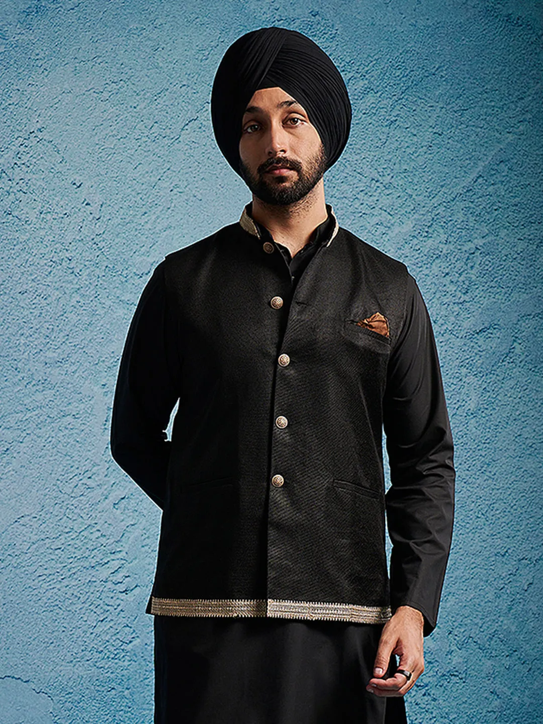 VASTRAMAY Men's Black Jute Nehru Jacket