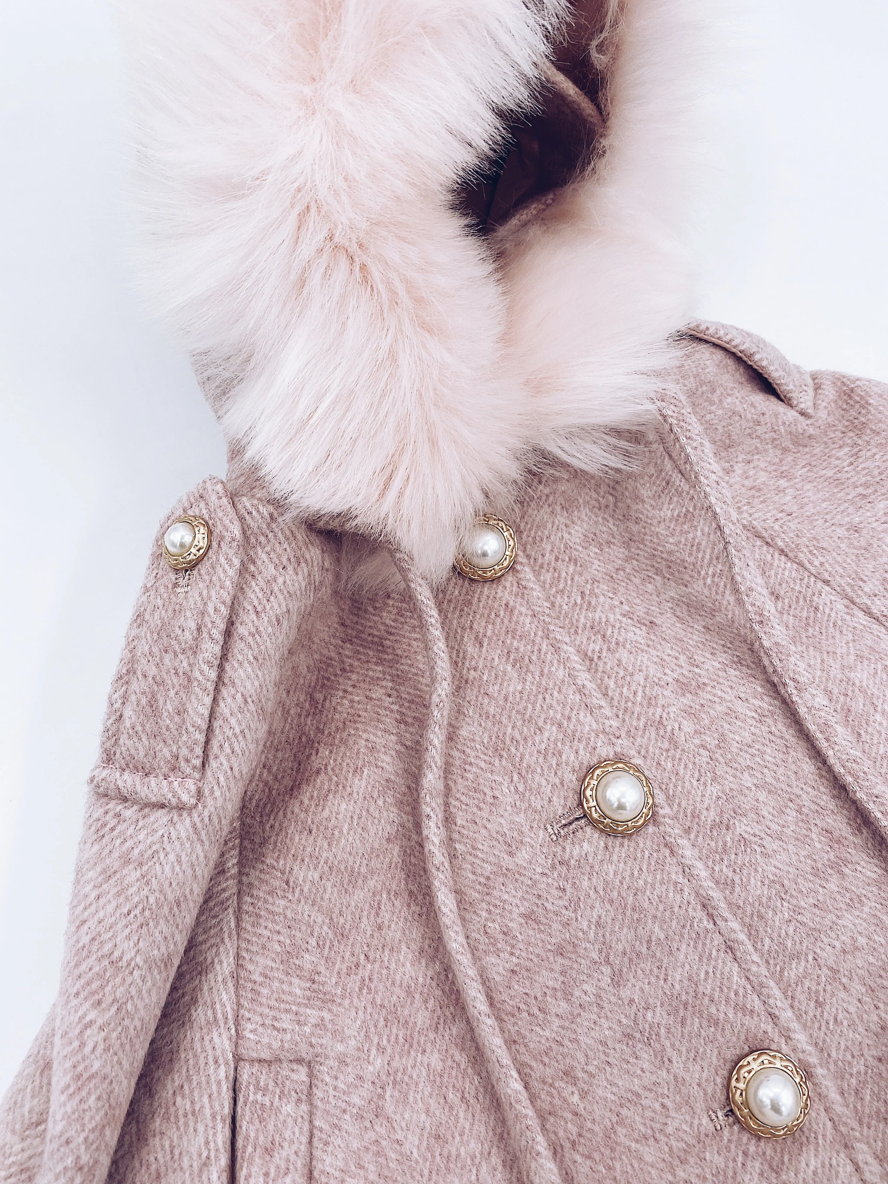 Victoria for MI LOVES Collaboration!!Beautiful ROSE Cape with Synthetic fur Collar and pom-poms.