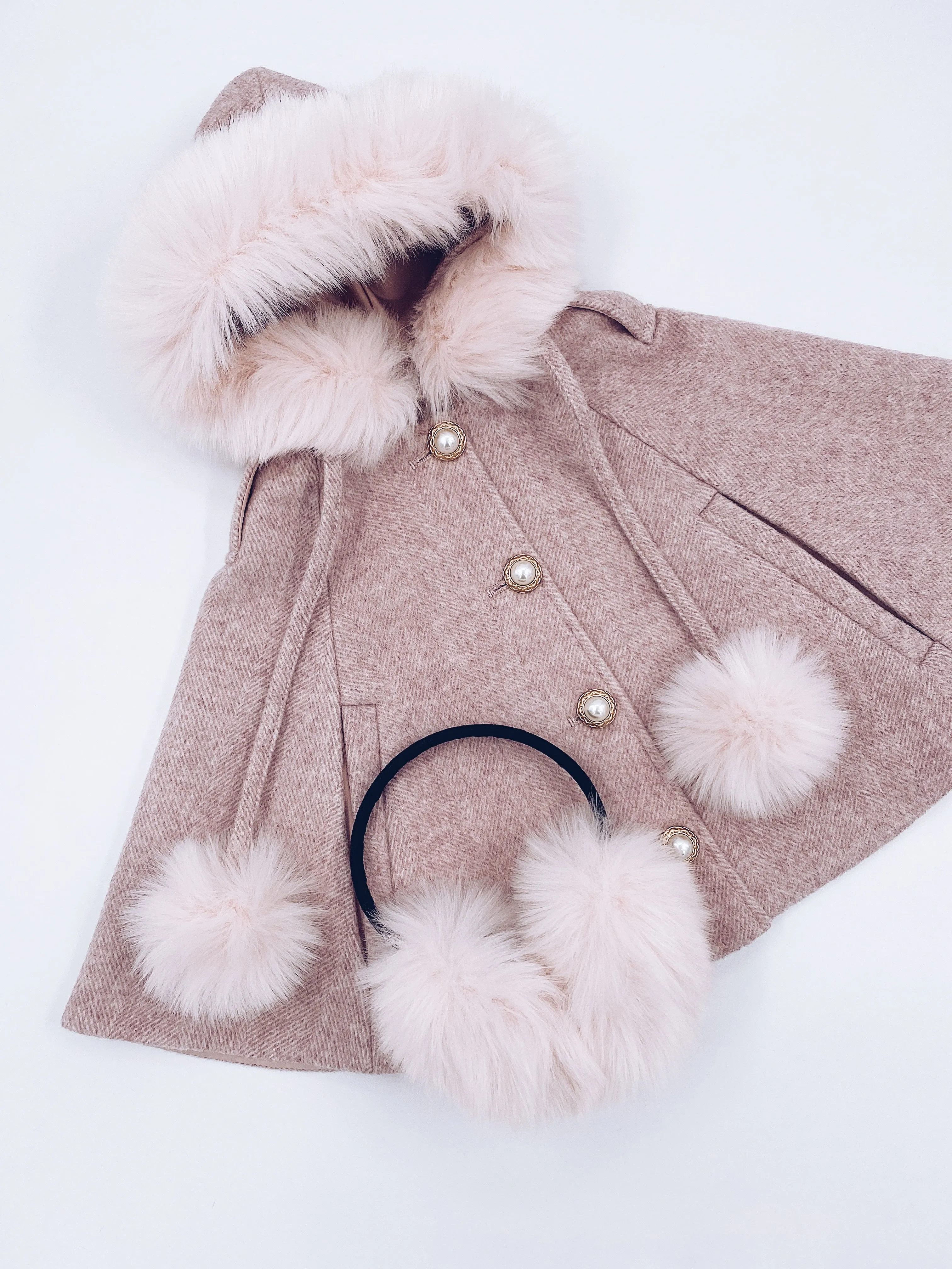 Victoria for MI LOVES Collaboration!!Beautiful ROSE Cape with Synthetic fur Collar and pom-poms.
