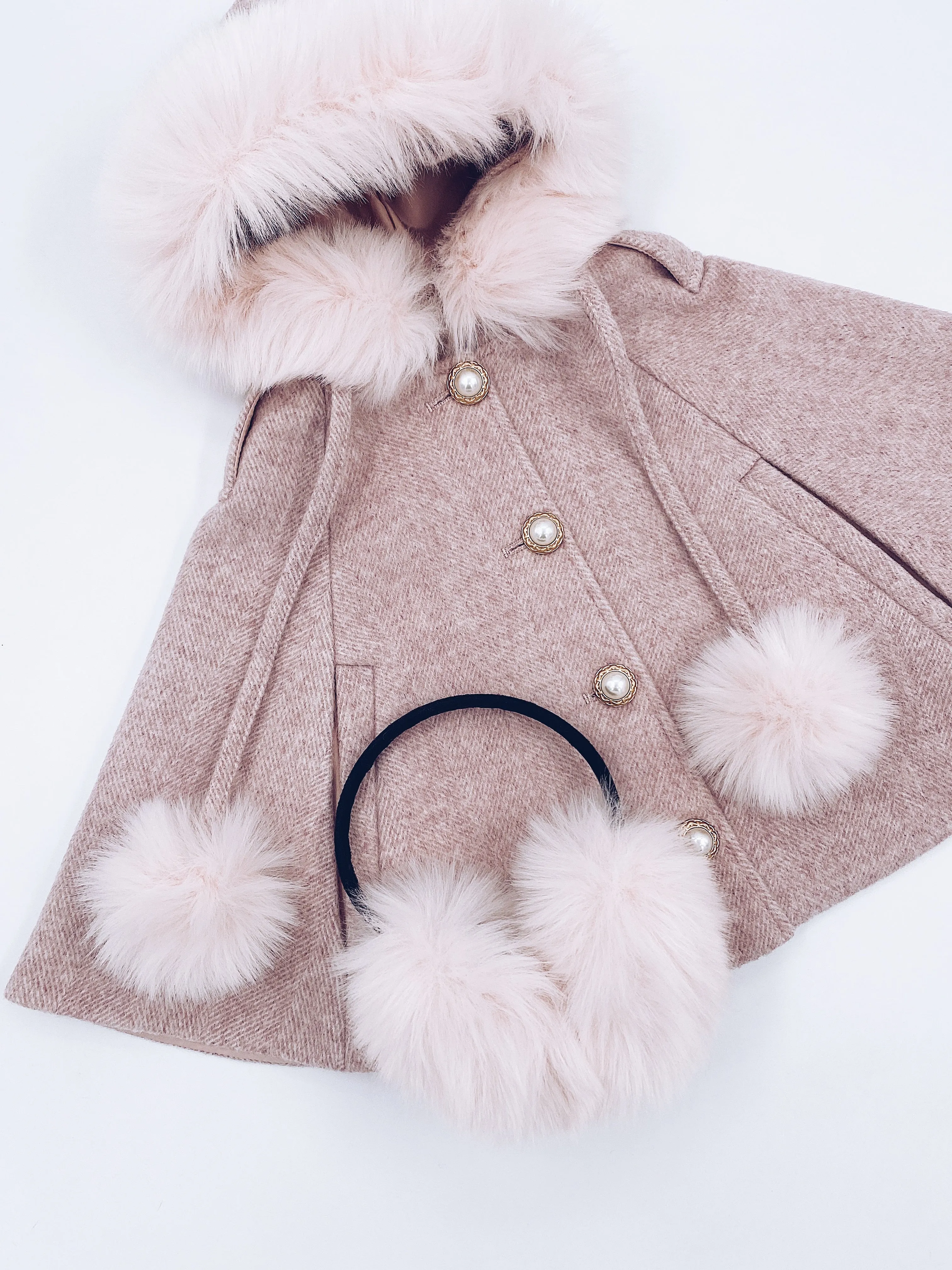 Victoria for MI LOVES Collaboration!!Beautiful ROSE Cape with Synthetic fur Collar and pom-poms.