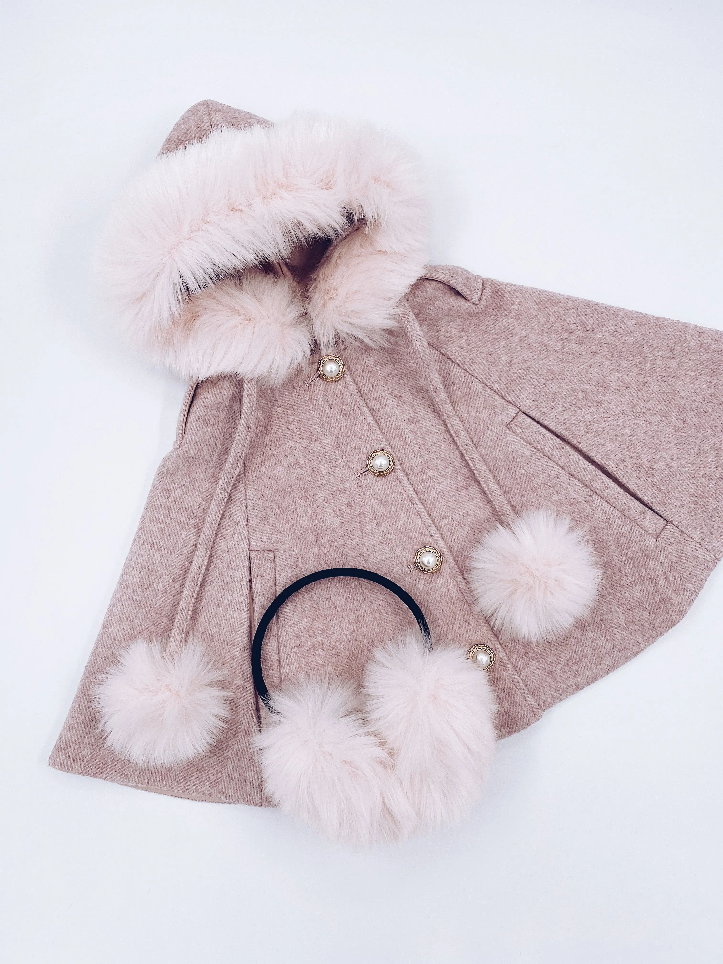 Victoria for MI LOVES Collaboration!!Beautiful ROSE Cape with Synthetic fur Collar and pom-poms.