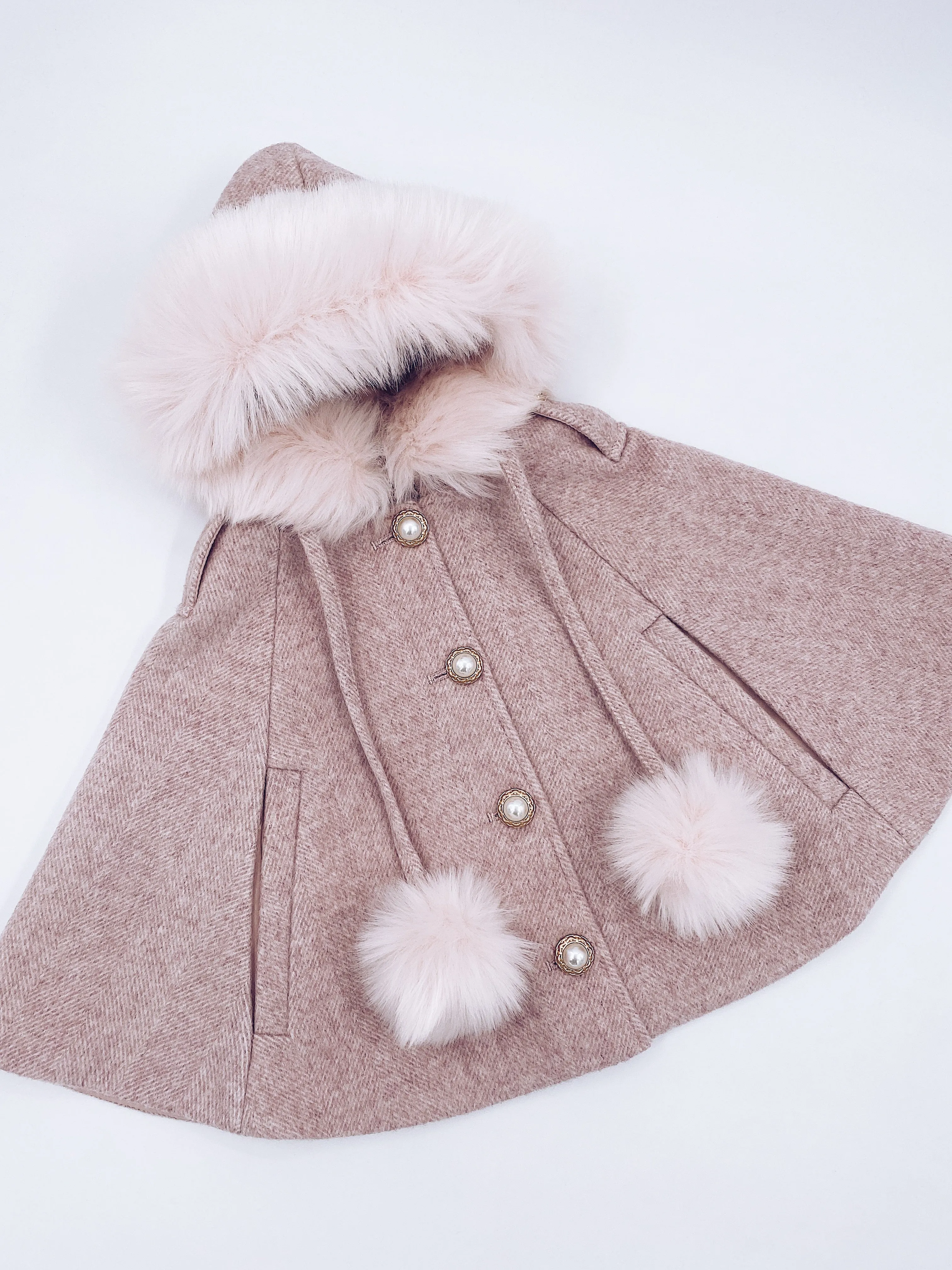 Victoria for MI LOVES Collaboration!!Beautiful ROSE Cape with Synthetic fur Collar and pom-poms.