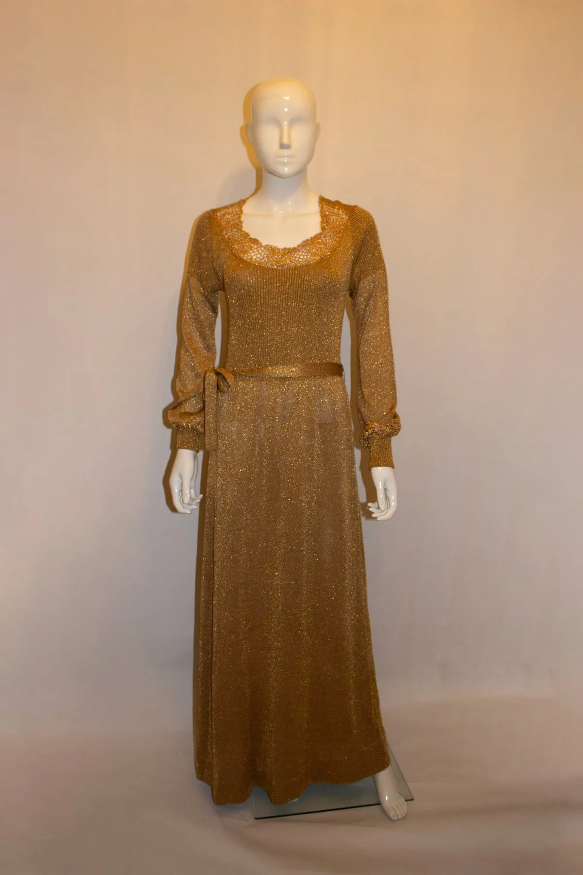 Vintage Gold Knit and  Crochet Long Gown