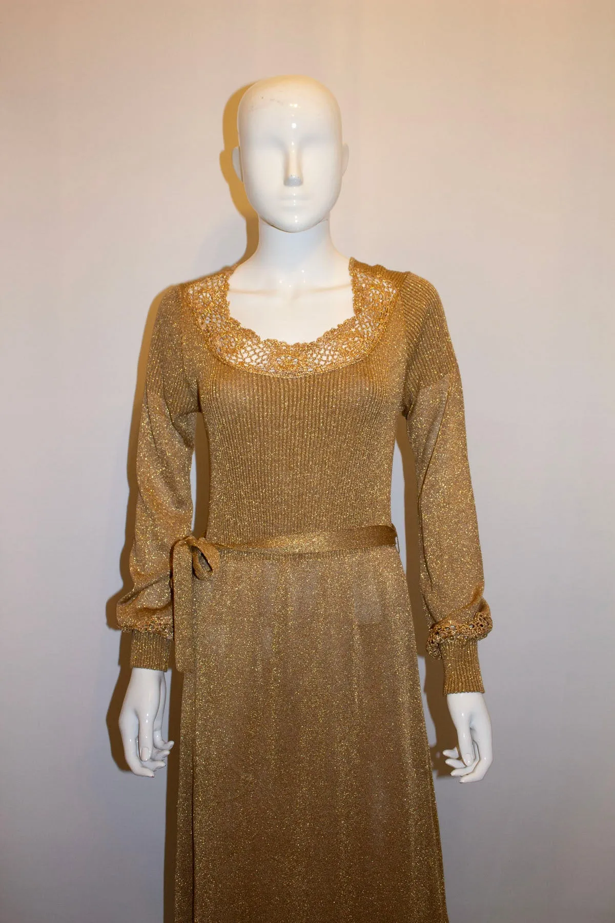 Vintage Gold Knit and  Crochet Long Gown