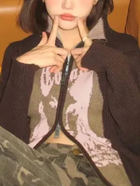 Wenkouban-Spring Casual Outfits Y2K Outfits Vintage Abstract Print Contrast Color Patch Cardigan