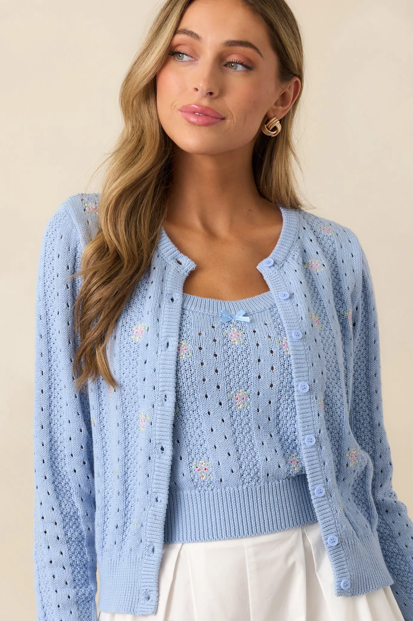 With The Tide Cotton Blue Floral Embroidered Cardigan