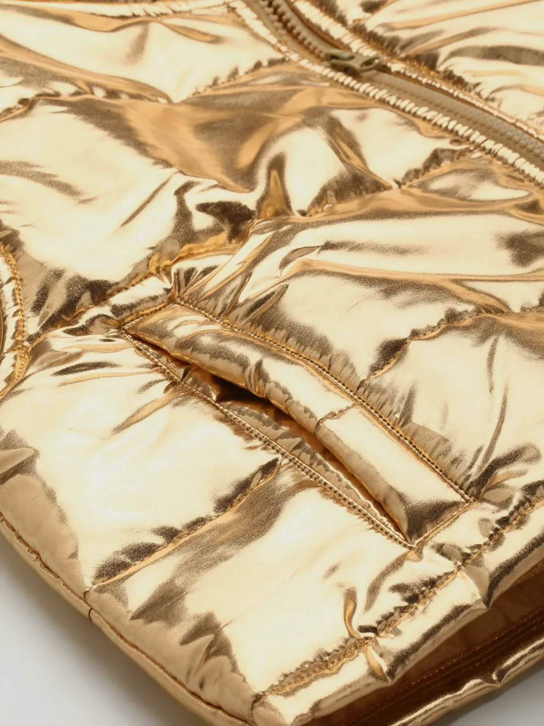 Women Gold Mettalic Sleeveless Puffer Crop