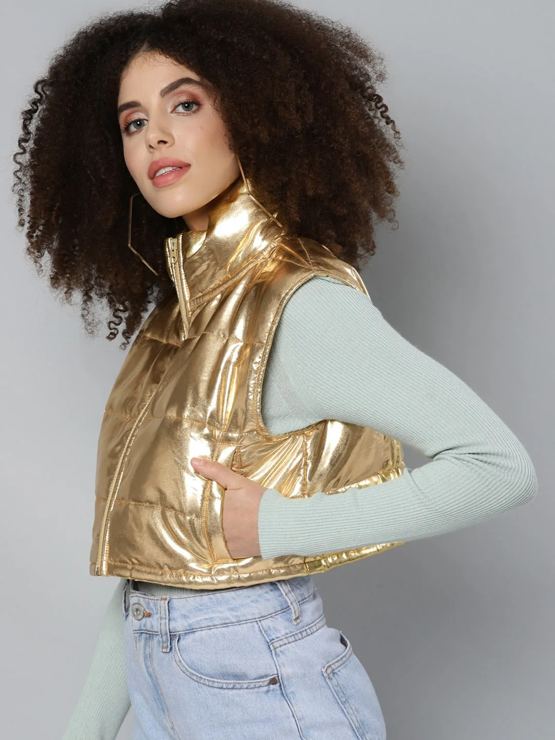 Women Gold Mettalic Sleeveless Puffer Crop