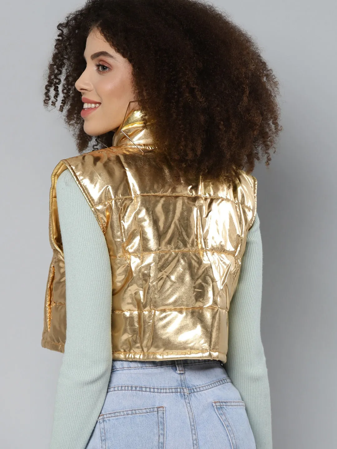 Women Gold Mettalic Sleeveless Puffer Crop