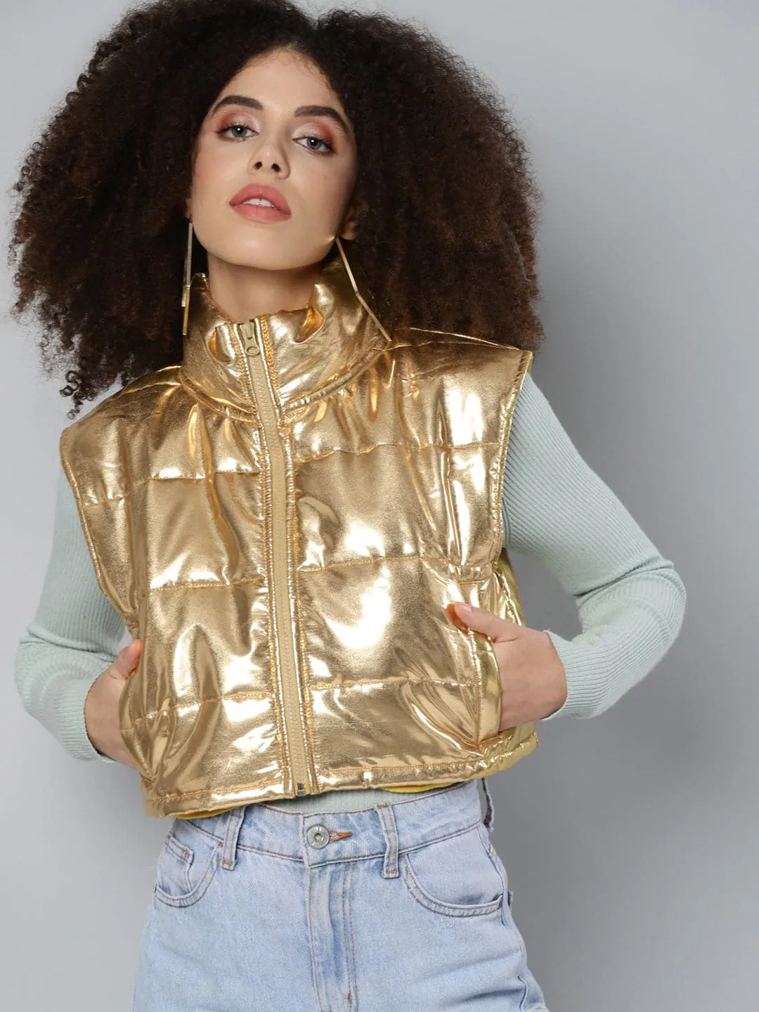 Women Gold Mettalic Sleeveless Puffer Crop
