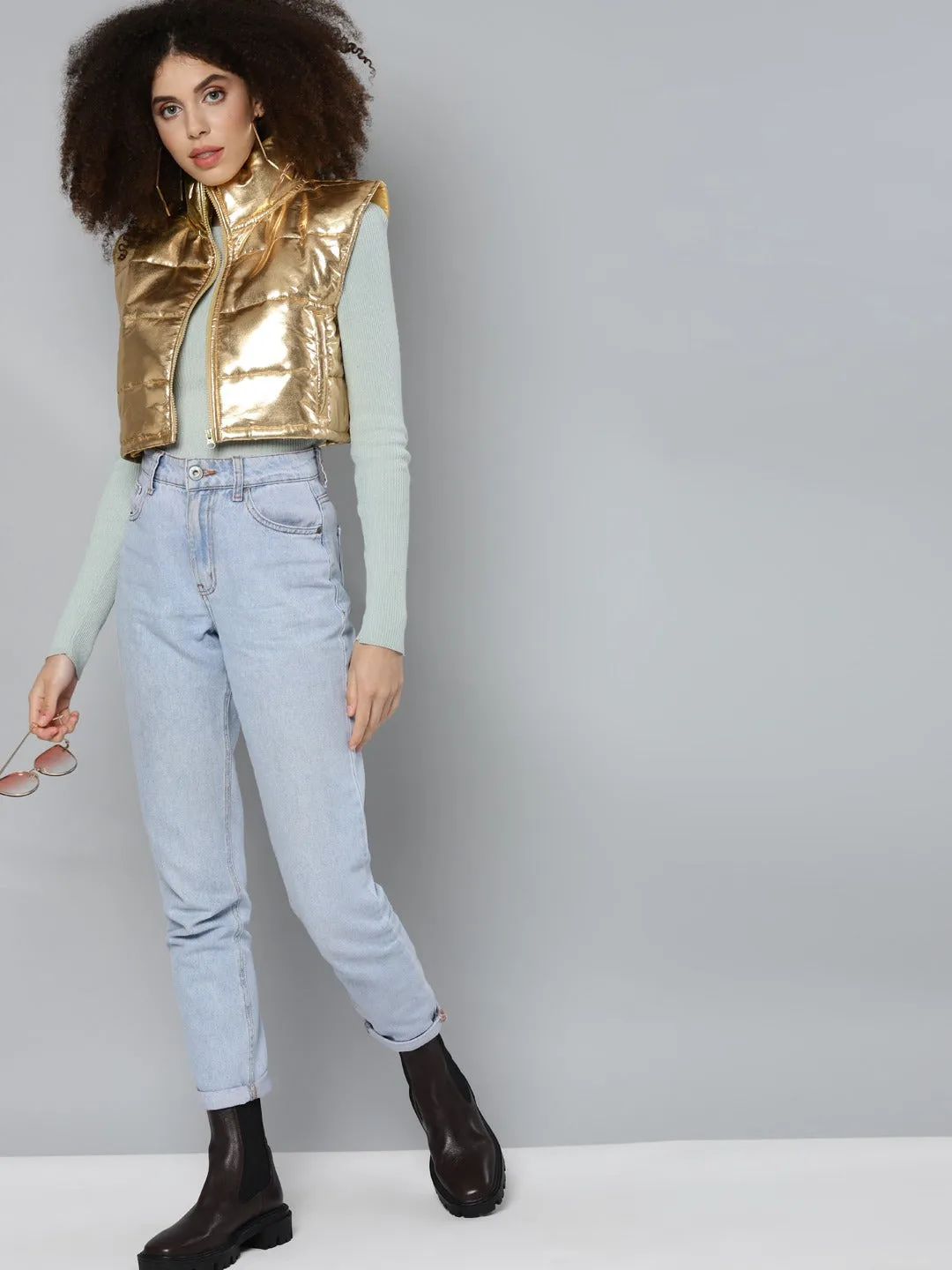 Women Gold Mettalic Sleeveless Puffer Crop