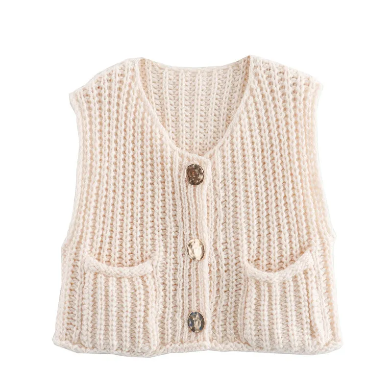 Women's Plain Button Front Pocket Sleeveless Cardigan