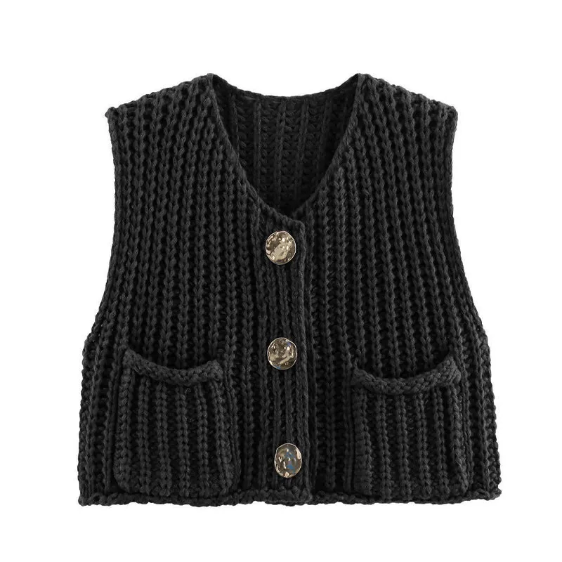 Women's Plain Button Front Pocket Sleeveless Cardigan