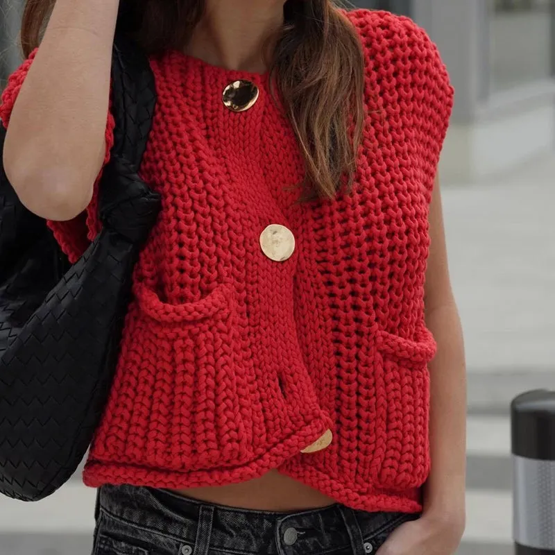 Women's Plain Button Front Pocket Sleeveless Cardigan