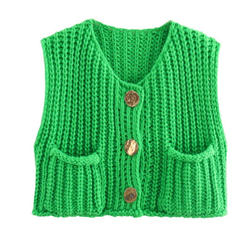 Women's Plain Button Front Pocket Sleeveless Cardigan