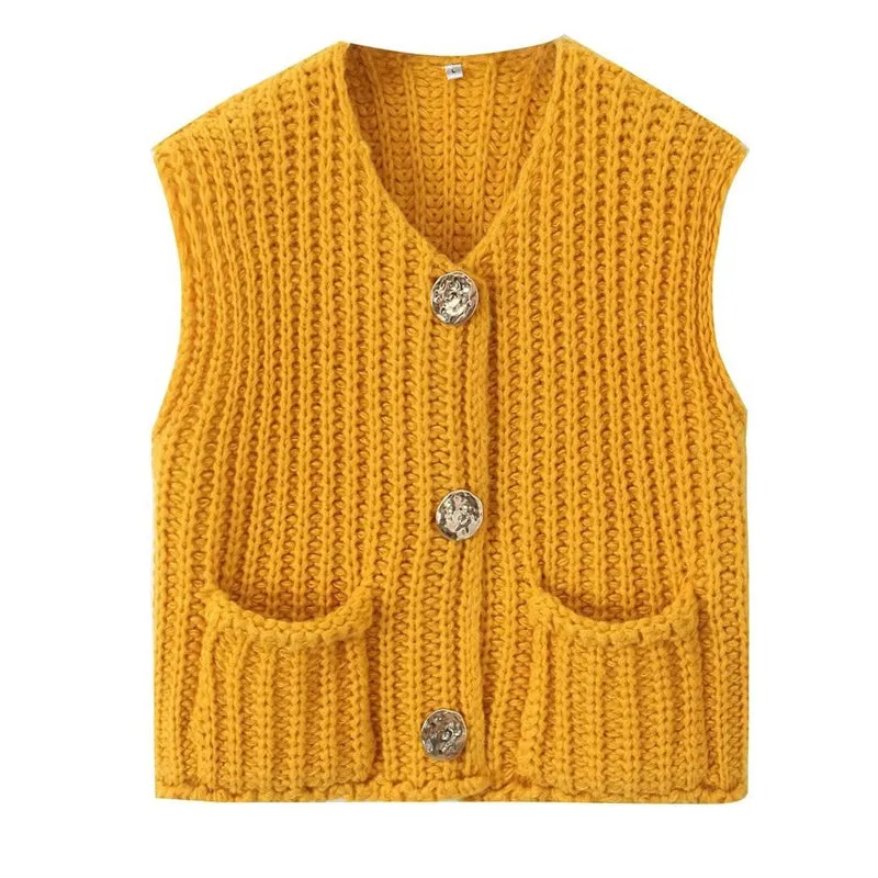Women's Plain Button Front Pocket Sleeveless Cardigan