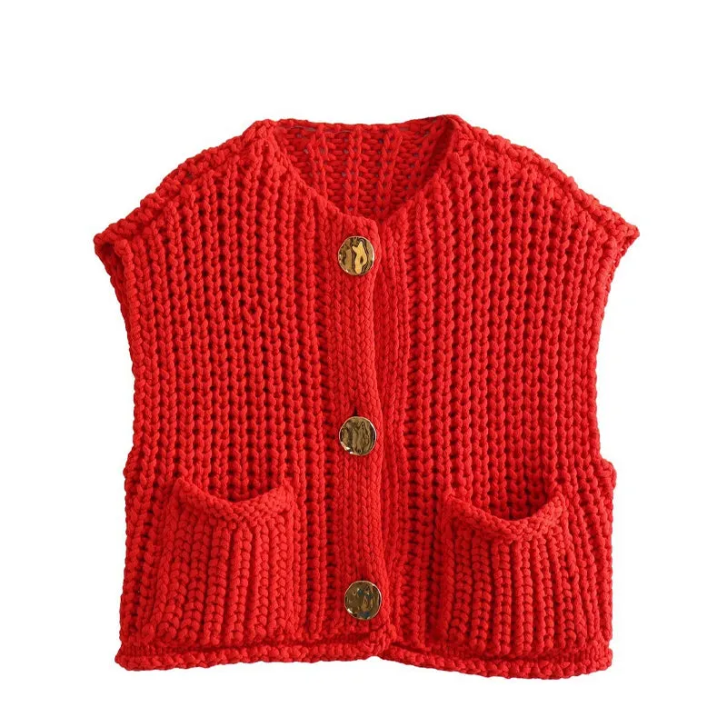 Women's Plain Button Front Pocket Sleeveless Cardigan