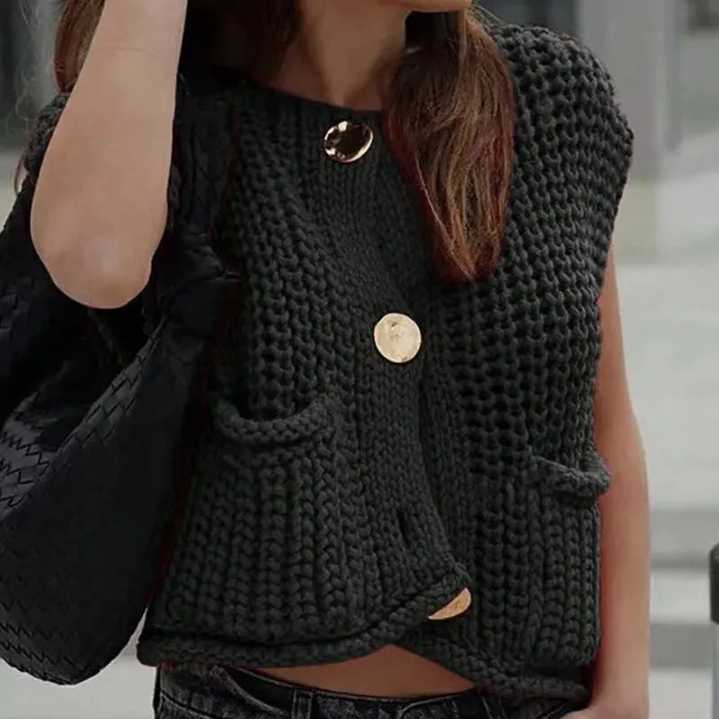 Women's Plain Button Front Pocket Sleeveless Cardigan