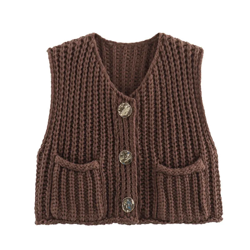 Women's Plain Button Front Pocket Sleeveless Cardigan