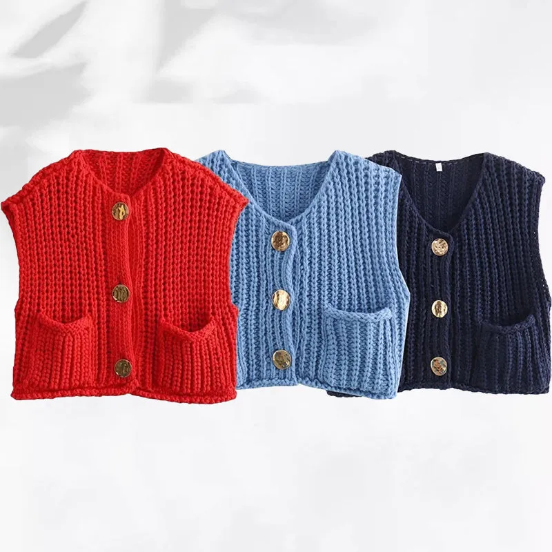 Women's Plain Button Front Pocket Sleeveless Cardigan