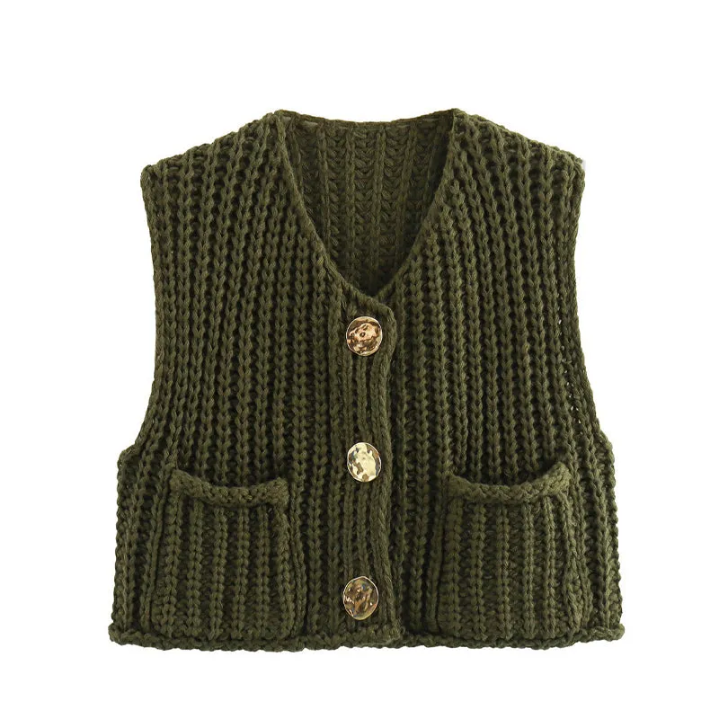 Women's Plain Button Front Pocket Sleeveless Cardigan