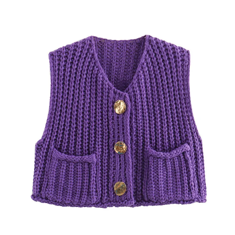 Women's Plain Button Front Pocket Sleeveless Cardigan