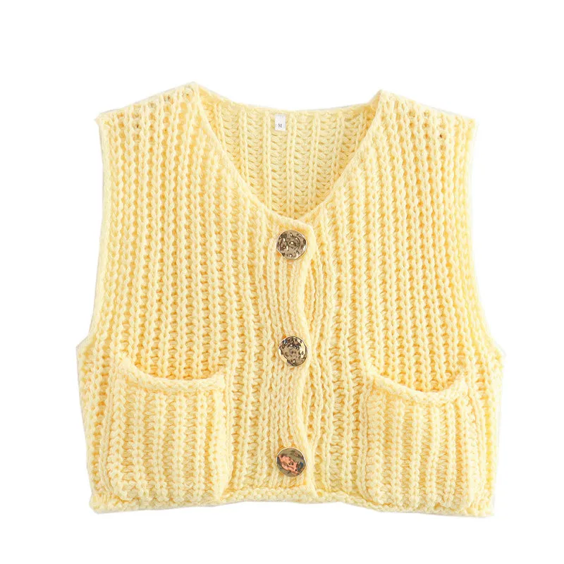 Women's Plain Button Front Pocket Sleeveless Cardigan