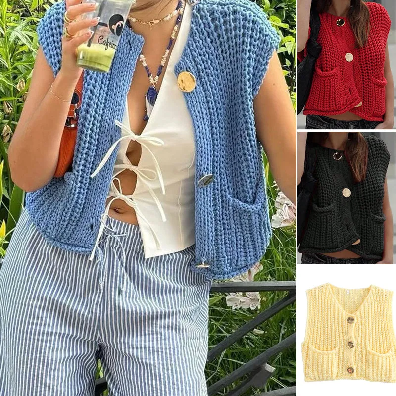 Women's Plain Button Front Pocket Sleeveless Cardigan