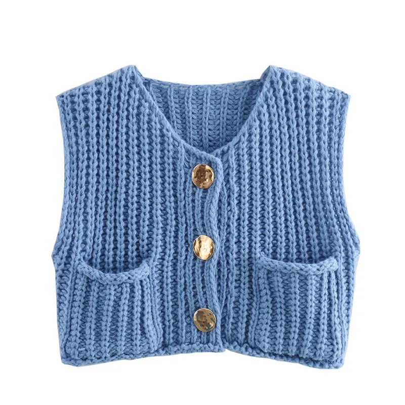 Women's Plain Button Front Pocket Sleeveless Cardigan