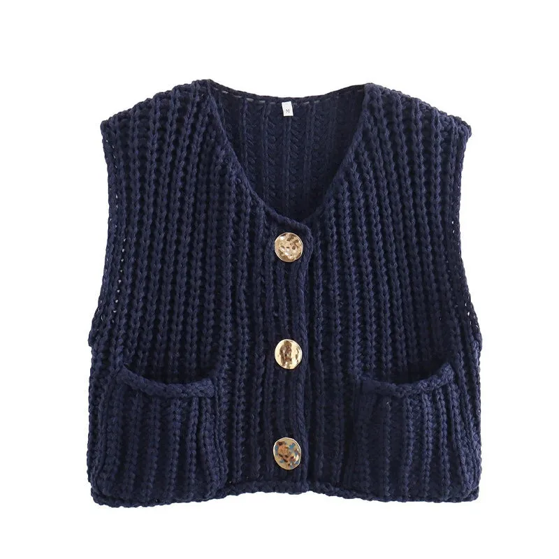 Women's Plain Button Front Pocket Sleeveless Cardigan